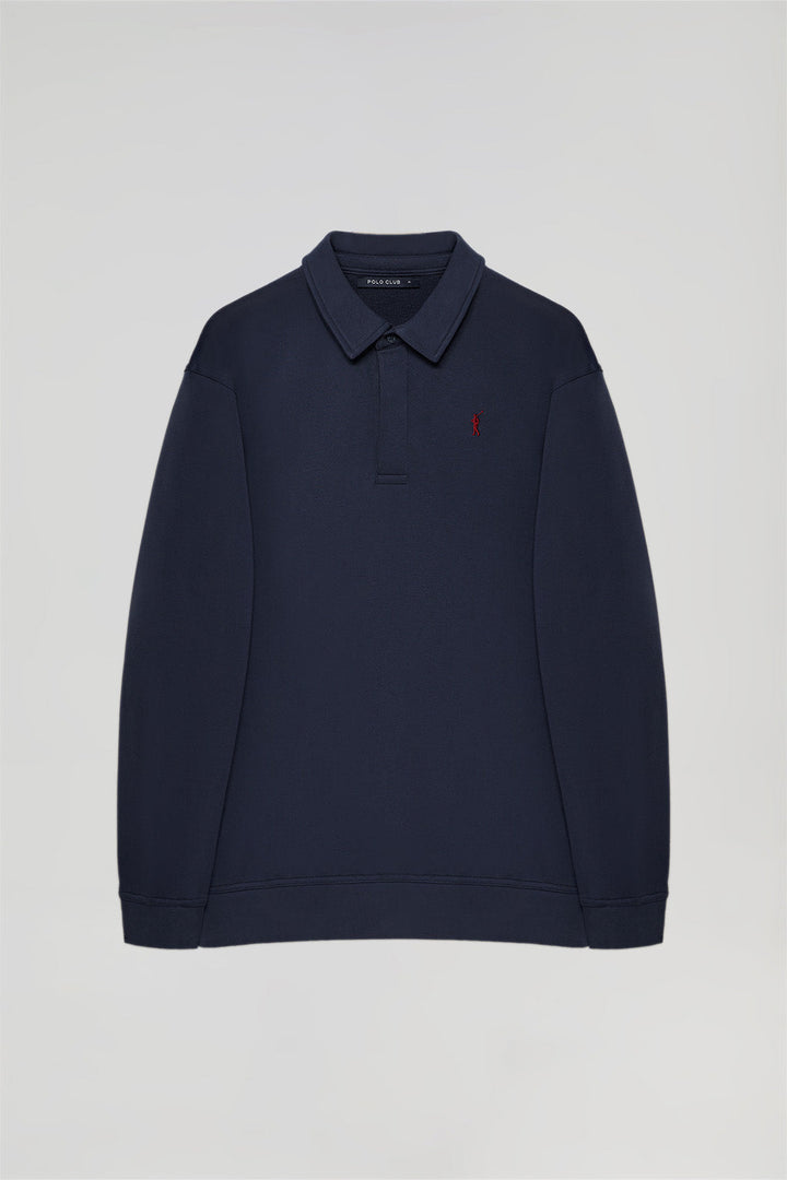 Navy-blue polo-collar sweatshirt with Rigby Go embroidery